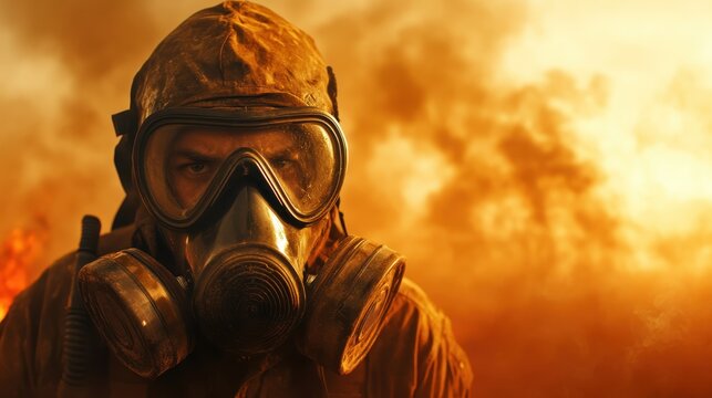 A heroic figure clad in a gas mask stands resolute amidst a fiery background, symbolizing resilience and determination in the face of overwhelming adversity and chaos.