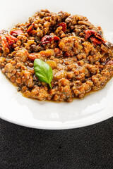 Lentil dish vegetables and roasted peppers savory vegetable fresh vegetarian and vegan food gourmet food background on the table rustic food top view copy space keto and paleo diet