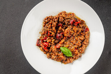 Lentil dish vegetables and roasted peppers savory vegetable fresh vegetarian and vegan food gourmet food background on the table rustic food top view copy space keto and paleo diet