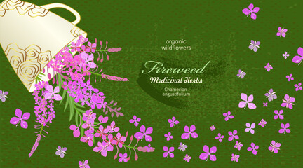 banner with blooming fireweed flowers pouring from a cup. card with Chamaenerion angustifolium wildflowers flowing from a mug of golden pattern. medicinal herbal on grungy green background