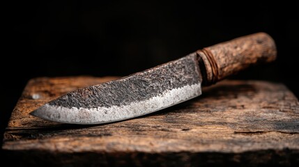 A close-up shot of a rustic knife with a weathered blade resting on a wooden surface, symbolizing craftsmanship, history, and the stories behind traditional tools.
