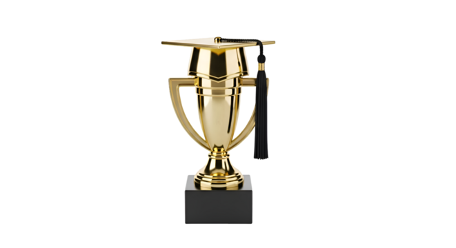 Golden Trophy with Graduation Cap: Achievement Symbol, Transparent Background