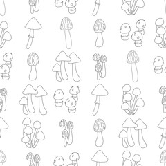 A black and white vector drawing of various mushrooms. Seamless pattern with toadstool and fly agaric outline doodle art