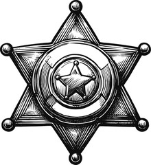 Frontier Justice: The Sheriff’s Legacy, Sheriff badge vintage linework ink sketch hand drawn pen drawing vector illustration background