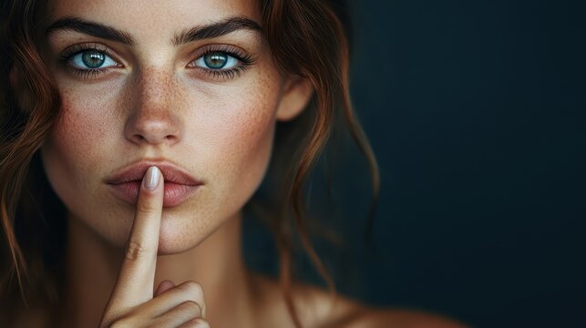 An intriguing close-up portrait of a beautiful woman with a finger to her lips, inviting viewers to embrace silence and mystery through her captivating gaze.