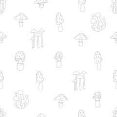 A black and white drawing of mushrooms with a variety of shapes and sizes. Vector seamless pattern with toadstool and fly agaric