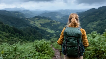 Naklejka premium A woman hiking in lush mountains, capturing the beauty of nature and evoking feelings of adventure, exploration, and connection to the grand landscapes around her.