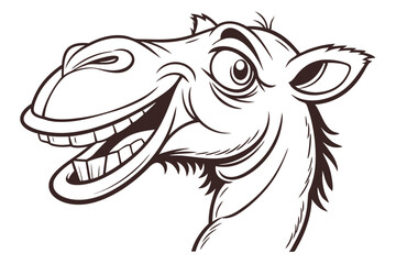 Outlined cartoon camel head shows its teeth and looks excited on a white background