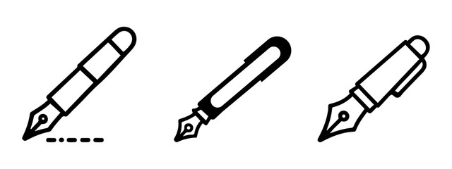 Fountain Pen and Writing Tool Line Icons illustration.