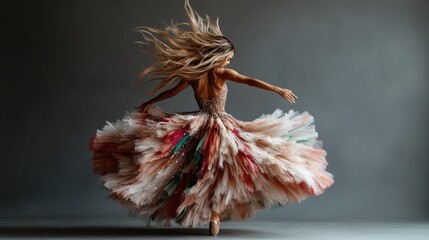 A graceful woman in an intricate, colorful dress twirls joyfully, showcasing the flowing fabric and artistic design while embodying elegance and beauty in motion.