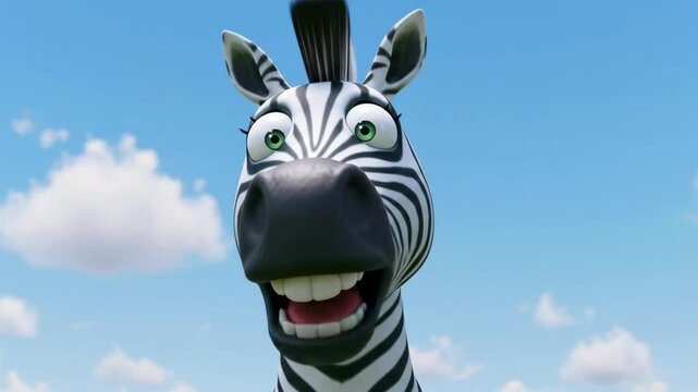 Cheerful animated zebra with a big smile against a bright blue sky with fluffy clouds in the background