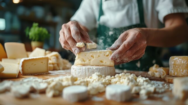 In a bustling kitchen, hands skillfully prepare various types of cheese, surrounded by a warm, inviting atmosphere that highlights the art of culinary craftsmanship.