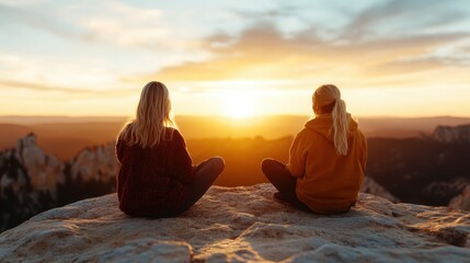 Two women sitting together on a rocky ledge gaze at the sunset, capturing a moment of connection, tranquility, and the natural beauty of shared experiences in nature.