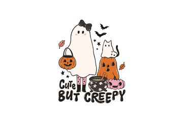 Cute But Creepy Ghost with Cat and Pumpkin Art Halloween Sublimation Design