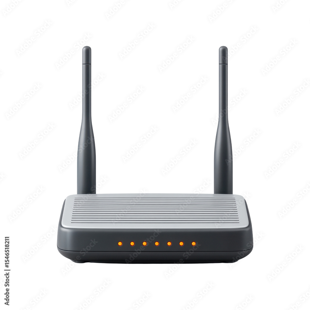 Poster modern wireless router with dual antennas and led indicators for internet connectivity and home netw