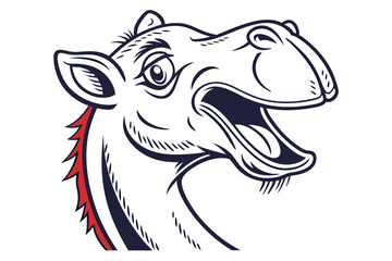 Striking outline of camel's head shows bold red accents and an open mouth with visible teeth