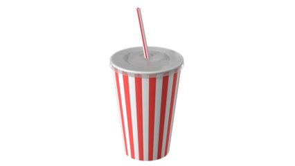 A striped cup with a straw, often used for beverages at cinemas or events.