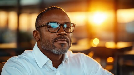 A thoughtful man sits contemplatively by a sunlit window, capturing the golden hour's warm glow reflecting on his glasses, creating a tranquil and reflective atmosphere.