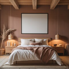 Cozy and modern bedroom interior design with blank wall for decor and artistic expressions