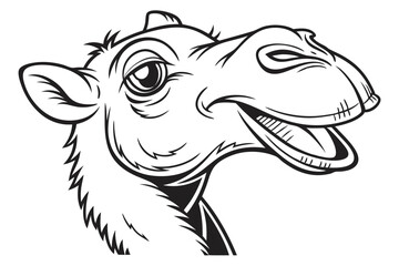 Black outline showcases a smiling cartoon camel with a distinctive facial expression, isolated