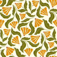 Seamless Pattern Groovy Retro Flowers In Yellow And Green