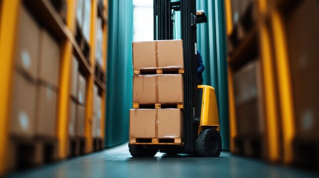 A dynamic image of a forklift moving boxes in a warehouse, illustrating efficiency and productivity in logistics, showcasing the importance of organization in modern supply chain.