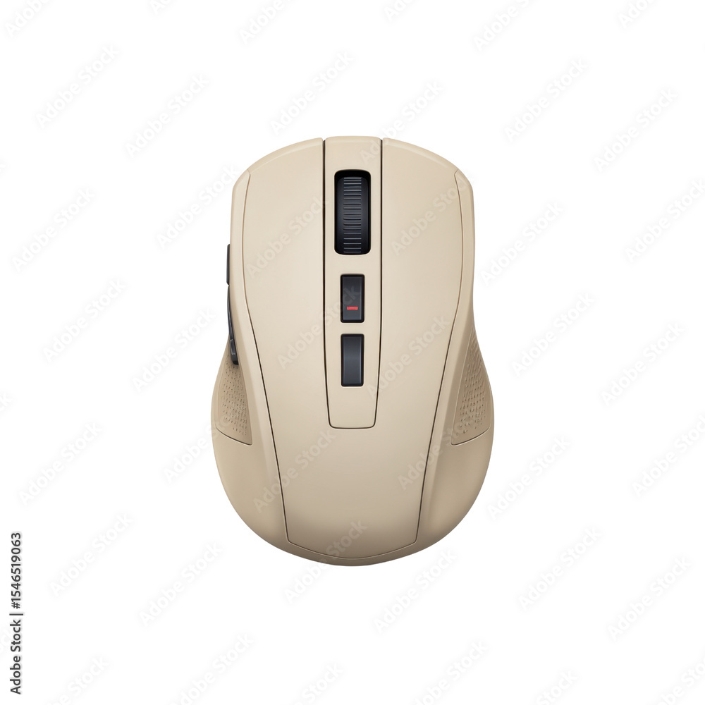 Poster modern wireless computer mouse in soft beige color with ergonomic design for comfortable use in offi