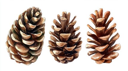 This hand drawn botanical illustration set of watercolor pine cones, isolated on white, is perfect for incorporating into designs for Christmas, winter, forest, and holiday themes