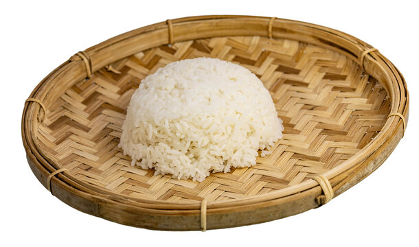 Steamed White Rice on Bamboo Plate on Transparent Background mof realistic Asian Food