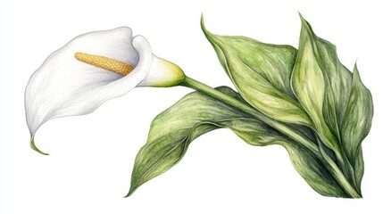 An elegant white calla lily is the subject of a watercolor painting that is presented as a floral illustration and piece of botanical art on a plain white background symbolizing spring