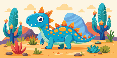 Cute Blue Dinosaur Cartoon Desert Landscape orange