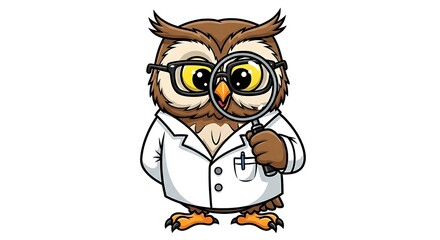 Obraz premium Cartoon owl scientist with glasses, lab coat and magnifying glass, curious and ready to explore. On white background.