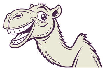 Fototapeta premium Cartoon camel head laughs cheerfully with large, bright eyes against a white backdrop