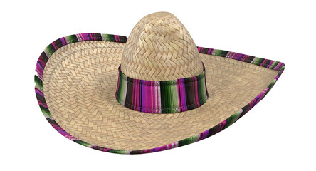 A traditional straw sombrero with a wide brim and colorful band, often worn during festive...