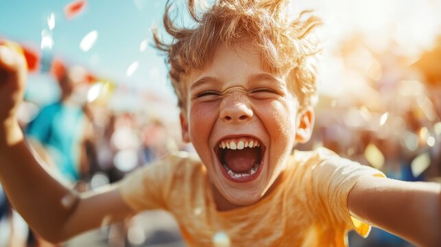 A cheerful young boy with messy hair shouts joyfully at a festive event, embodying pure happiness and excitement in a lively outdoor setting filled with people.