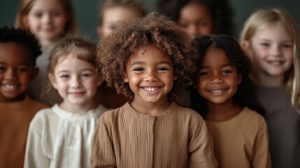 Obraz premium A delightful image showcasing a diverse group of children smiling with infectious joy, embodying friendship, acceptance, and unity in a warm, inviting environment.