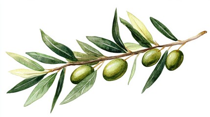 Watercolor artwork featuring an olive branch with green olives and leaves, set against a white background, ideal for use in Mediterranean cuisine and nature-inspired creative projects