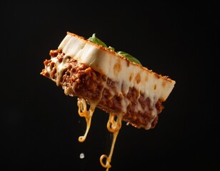Delectable Food Presentation: A delectable slice of food is captured mid-air, the melted cheese gracefully cascading, promising an unforgettable gustatory journey. Ai generated image