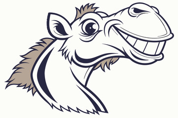 Cheerful cartoon camel head with funny grin looks playful against clean background