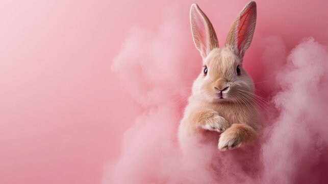 A charming rabbit peeks through soft pink smoke, creating a whimsical and enchanting scene that evokes feelings of playfulness and tenderness.
