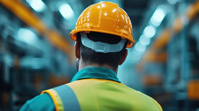 A construction worker in a bright yellow hard hat and safety vest stands confidently in an industrial setting, representing the dedication and safety in the construction industry.