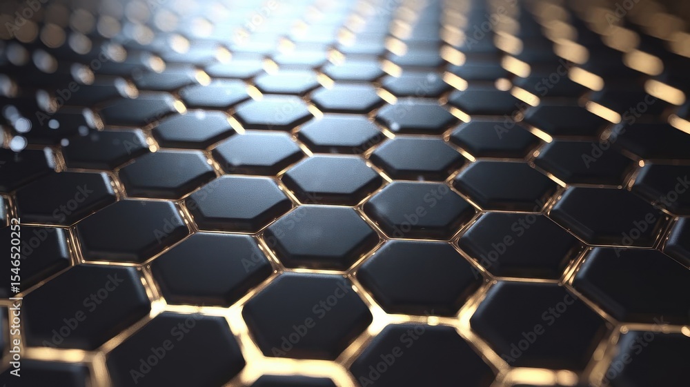 Fototapete abstract dark glossy hexagonal shapes with golden glowing edges pattern