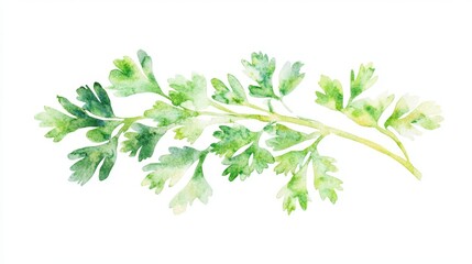 Obraz premium Illustration of a watercolor parsley sprig for use in recipes, food photography, and botanical design, representing a fresh culinary herb