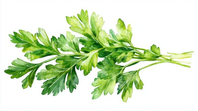A watercolor parsley illustration featuring a detailed botanical painting of the fresh green herb on a white background, suitable for culinary and artistic use