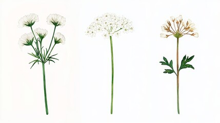 Naklejka premium A watercolor painting of Queen Anne's Lace serves as a botanical illustration of the wildflower, presented on a white background for use in art prints and nature-inspired designs