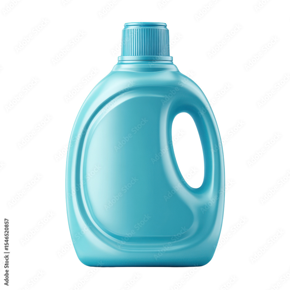 Poster blue plastic container for liquid detergent with a handle and screw cap on a white background transp