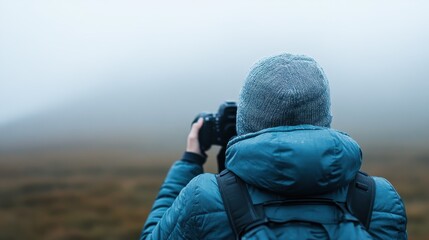 A photographer wearing a cozy jacket and beanie stands against a foggy landscape, capturing the essence of nature with a camera, immersed in a serene and tranquil atmosphere.