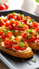 Delicious Bruschetta Appetizer on a Baking Sheet.