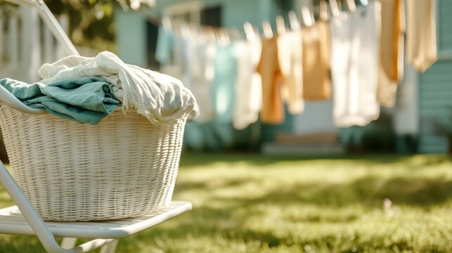 A peaceful outdoor scene featuring freshly laundered clothes hanging on a line, bathed in warm sunlight, evoking feelings of comfort and homeliness in a serene environment.