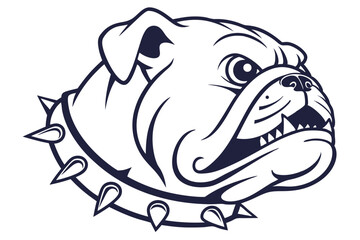 Bold bulldog head with fierce expression wears a spiked collar in dark outline